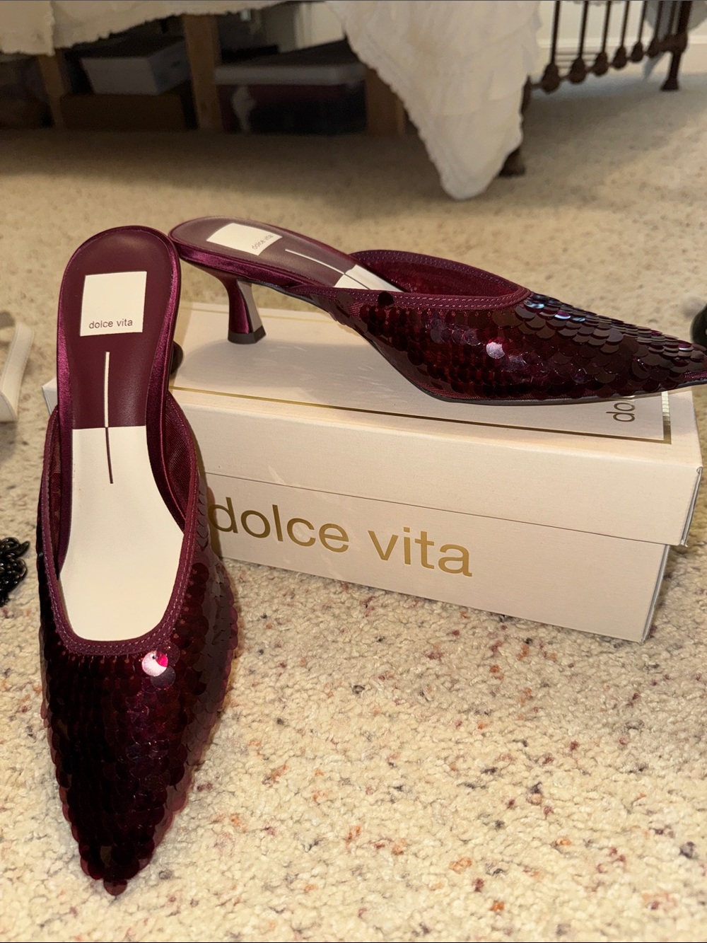 Dolce Vita Cleo Cranberry Sequin Pointed-Toe Kitten Heel Mules